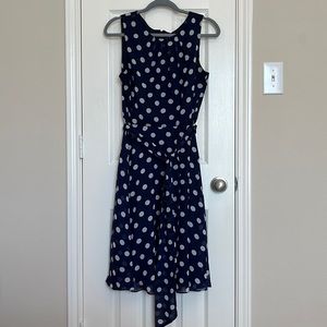 Polka Dot Navy Midi Dress with Waist Tie